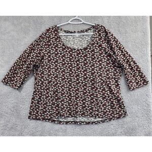 J Jill Top Womens XL Tall Black Red Floral 3/4 Sleeve Blouse Relaxed Casual